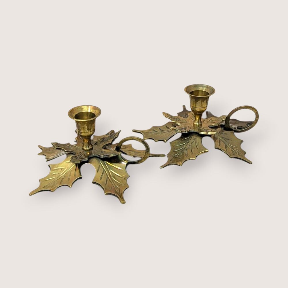 Vintage Brass Leaf Candlestick Holder Set